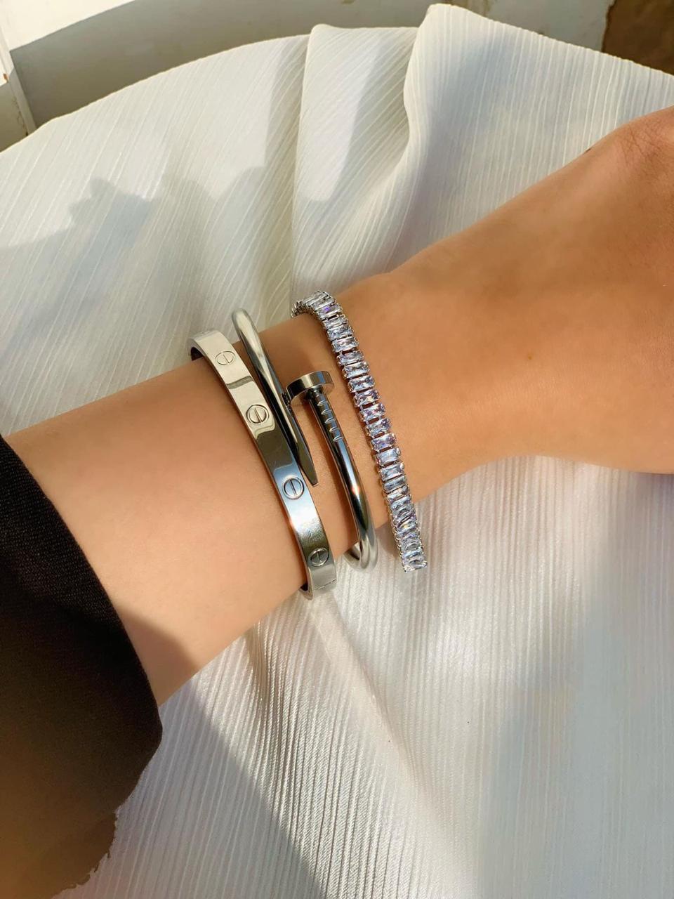 Silver Cartier Nail And Love Bangle With Silver Tennis Bracelet
