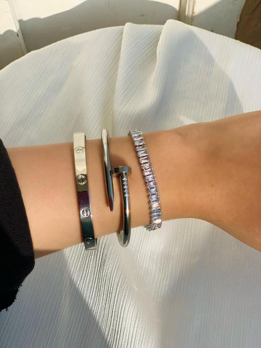 Silver Cartier Nail And Love Bangle With Silver Tennis Bracelet