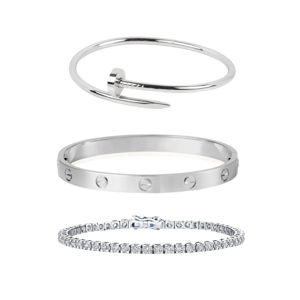 Silver Cartier Nail And Love Bangle With Silver Tennis Bracelet